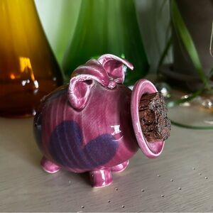 Art Pottery Piggy Bank Rosy Purple Cork Nose so adorable